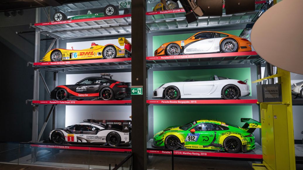 Porsche 2708 CART (1989), Porsche RS Spyder (2006), Porsche 911 Turbo Coup&eacute; (2015), Porsche 919 Hybrid (2016), Porsche 911 GT3 R Hybrid (2010), Porsche Boxster Bergsypder (2015), Porsche 911 GT3 R (2018), Manthey Racing, Verkehrshaus, Luzern, 2026, Porsche Schweiz AG