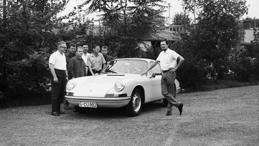 Heinrich Klie, Ernst Bolt, Hans Ploch, Hans Springmann, Ferdinand Alexander Porsche, l-r, Porsche 901, 1963, Porsche AG